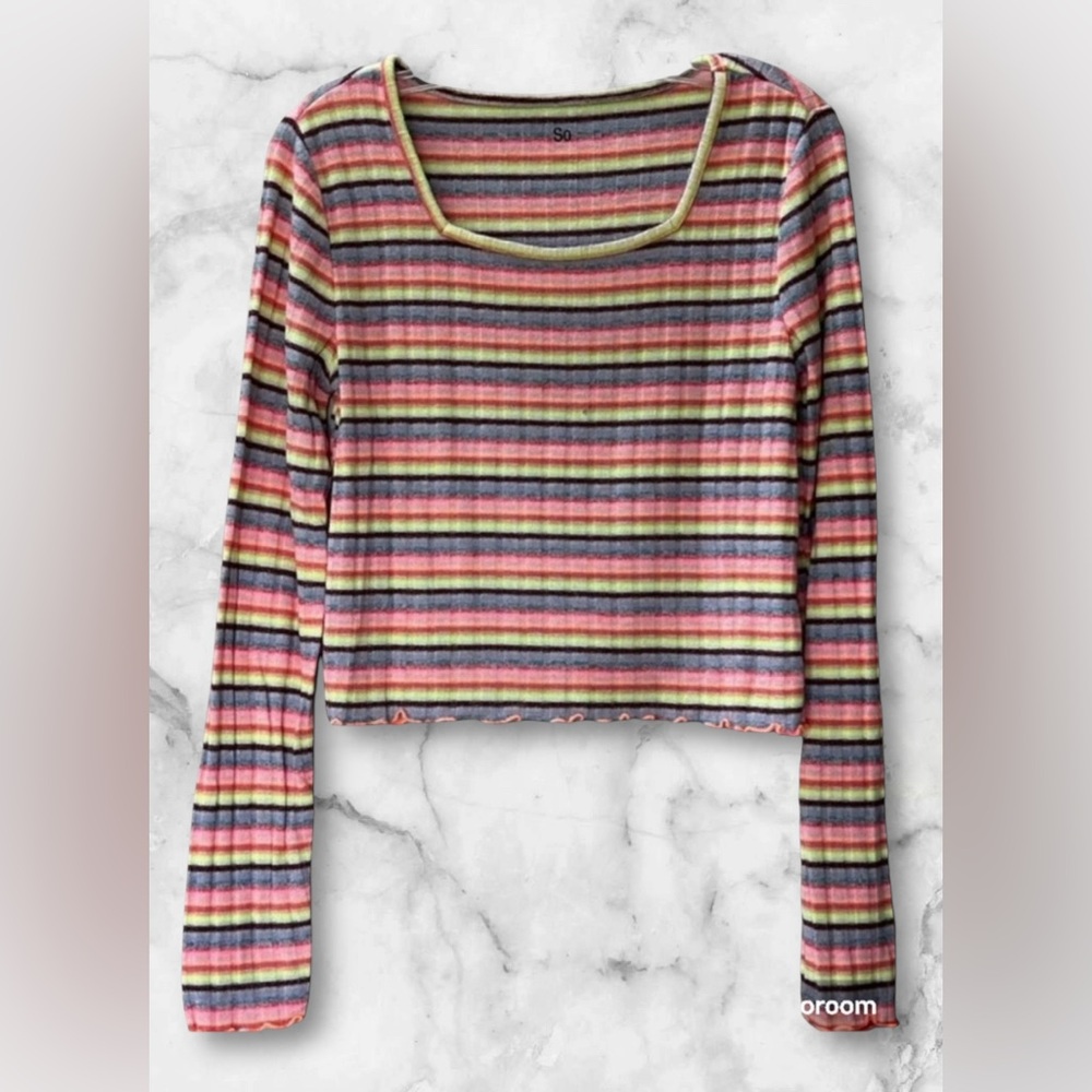 NWOT SO Kohls Striped Ruffle Hem Knit Cropped Top Colorful Size Large - Picture 2 of 8